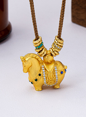 新中式古法金色镶钻小唐马项链