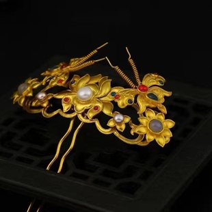 镀金复原款顶簪金色嵌宝发冠古风发饰金颤颤发簪汉服配饰后压