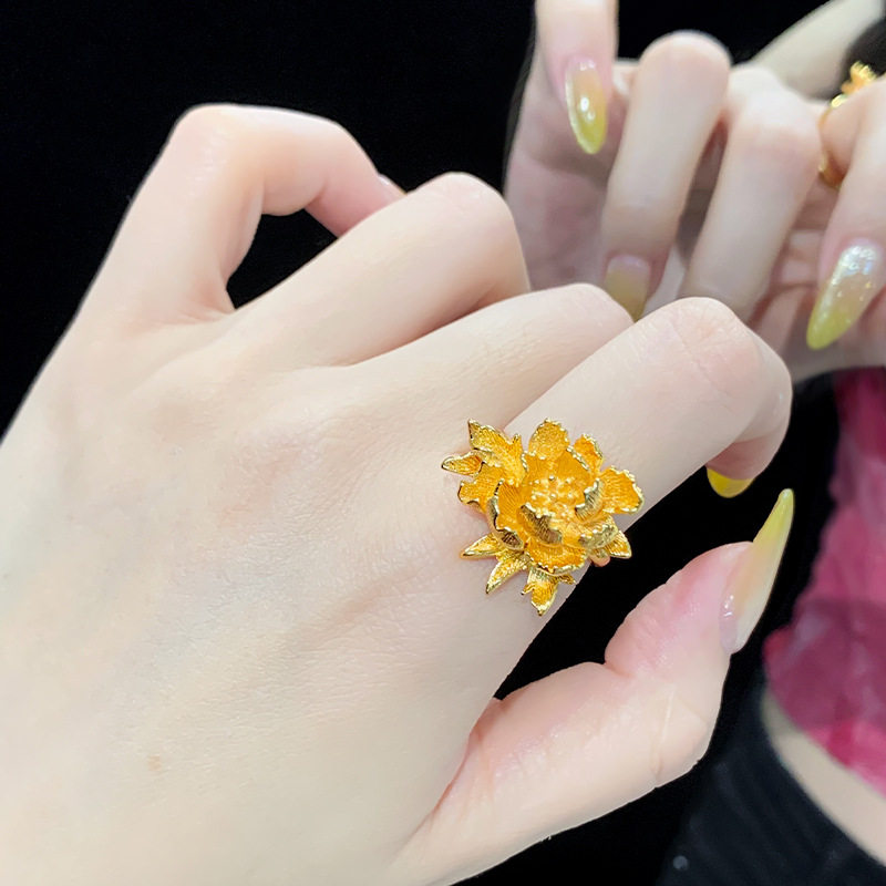 铜镀金牡丹花戒指女款复古国潮婚嫁风仿假三金花朵食指指环
