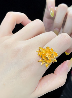 铜镀金牡丹花戒指女款复古国潮婚嫁风仿假三金花朵食指指环