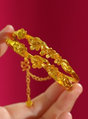 镀金桃花枝手镯古法仿真黄金开口沙金手镯结婚首饰新中式手环镯子