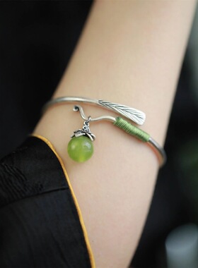 铜镀银新中式树叶子开口手镯新一夜暴富心经底民族风 羽毛手镯