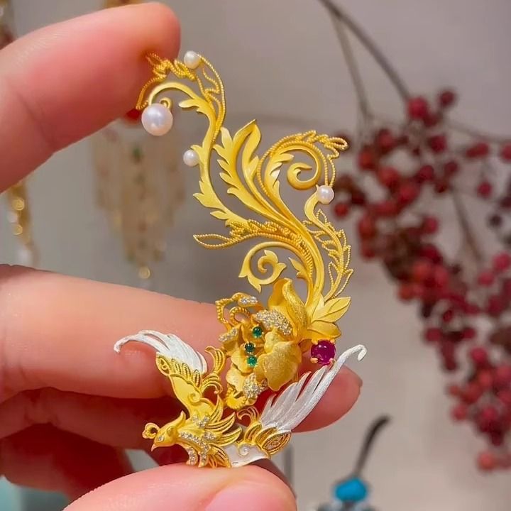 有凤来仪凤凰胸针镀金拉丝花丝镶嵌珍珠锆石别针新中式汉服配饰