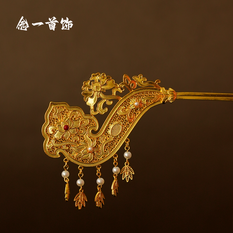 镀金花丝嵌珍珠博鬓发簪发钗古风头饰汉服簪子掩鬓金簪颤簪步摇