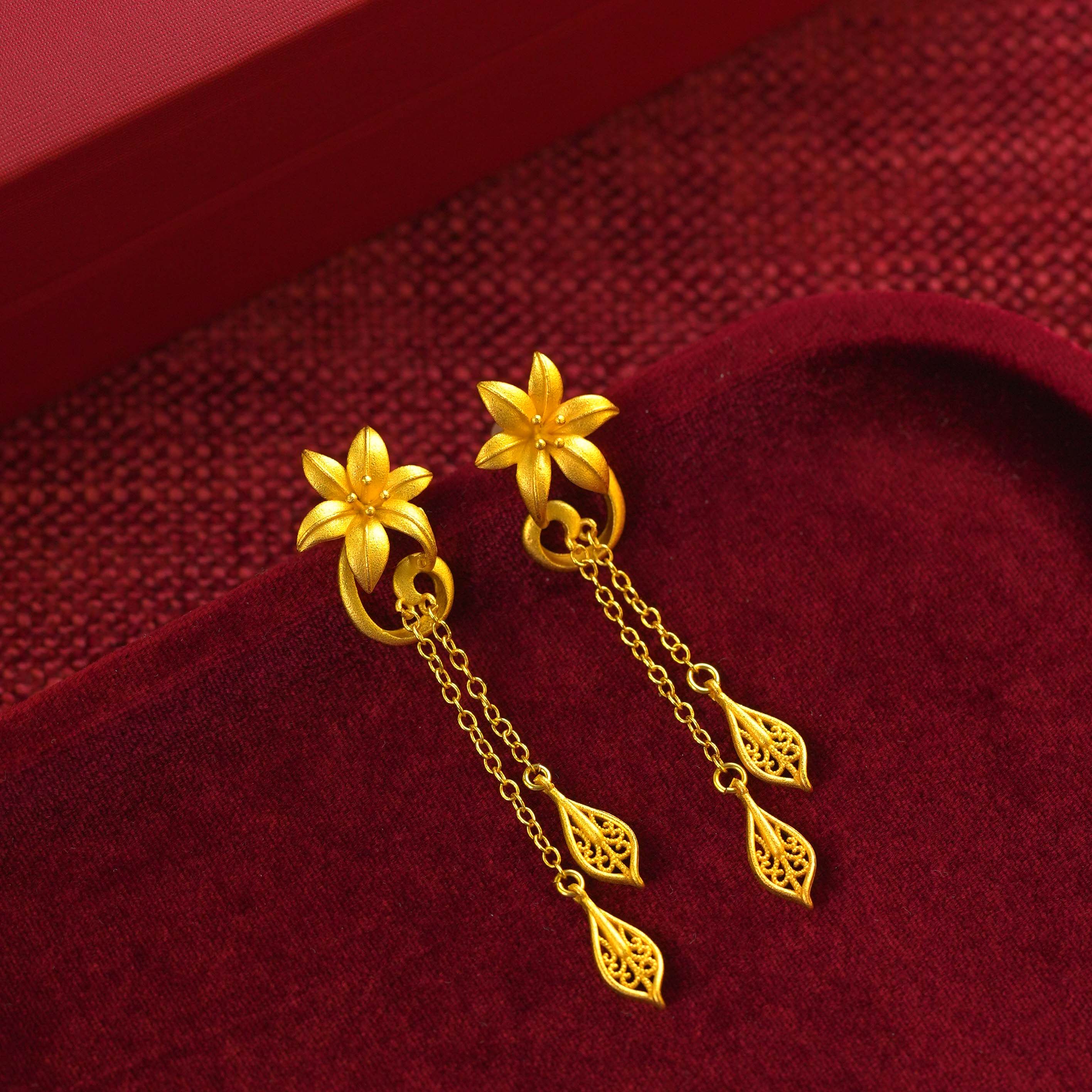 铜镀金花蕊流苏仙百合花期耳环耳钉一对仿真黄金耳饰新中式婚嫁女