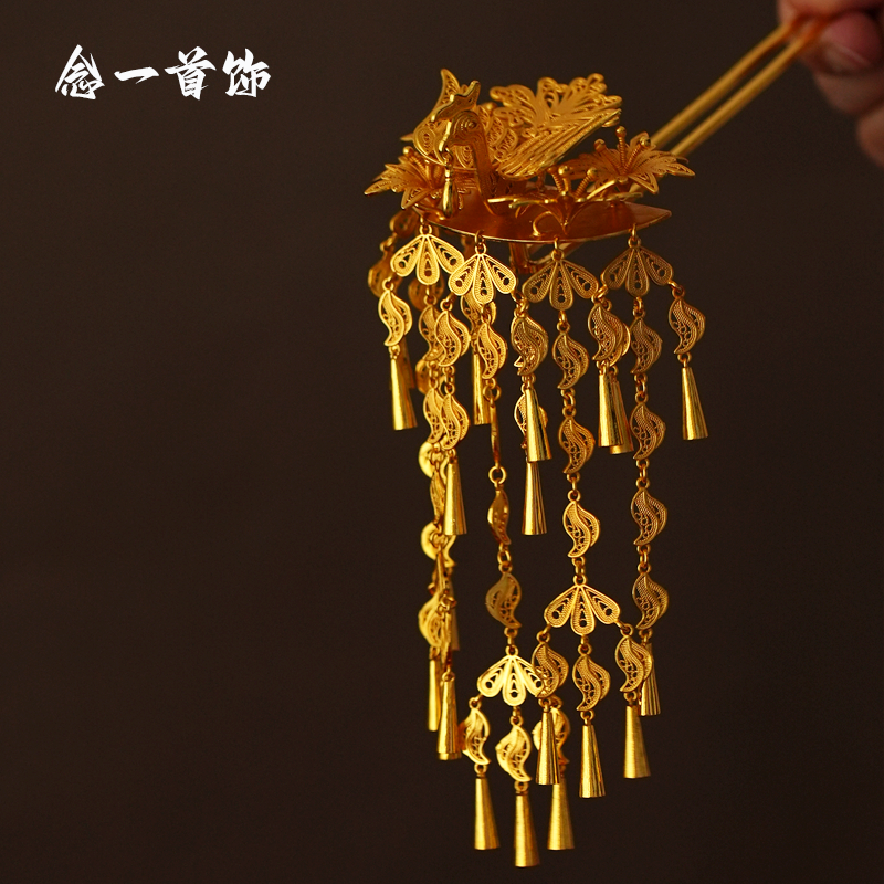 镀金木喜花丝汉服饰头饰凤凰发簪步摇流苏发钗款凤钗