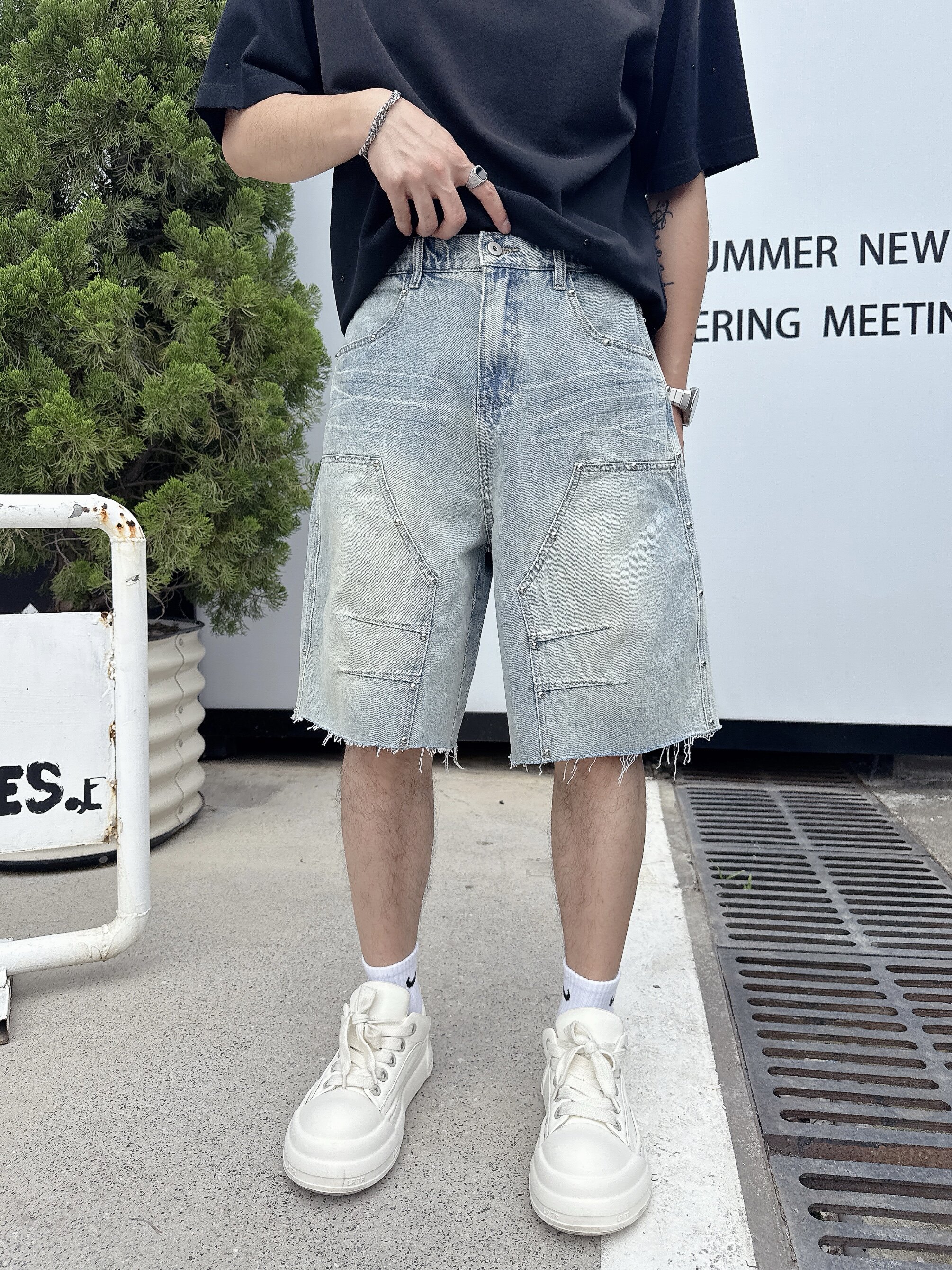 2026新款美式复古水洗雪花蓝色牛仔短裤男女款宽松轻奢五分中裤衩