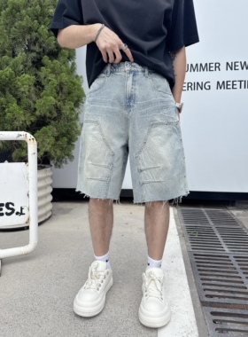 2026新款美式复古水洗雪花蓝色牛仔短裤男女款宽松轻奢五分中裤衩