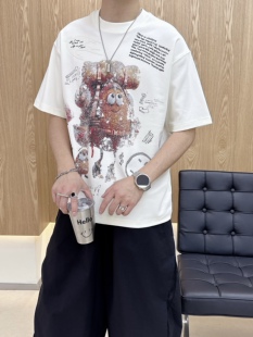 复古圆领短袖 T恤卡通刺绣男宽松休闲百搭上衣 美式 2026新款
