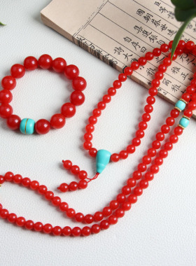 16mm柿子红圆珠手链石英岩玉红色满肉南红玛瑙色大气男女情侣手链