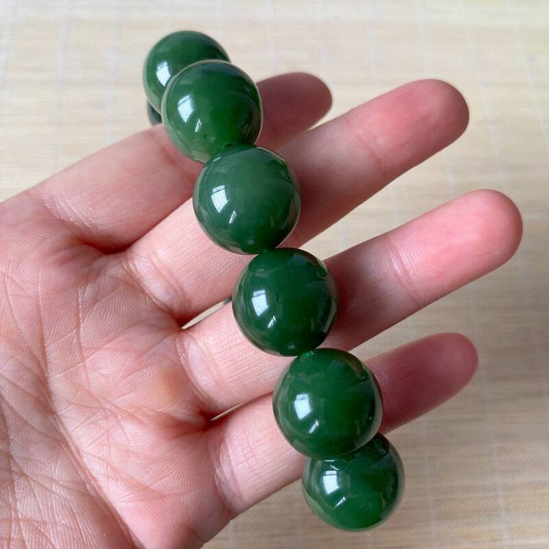 新疆和田玉碧玉菠菜绿圆珠手串16mm男女款玉石念珠手链珠串配饰