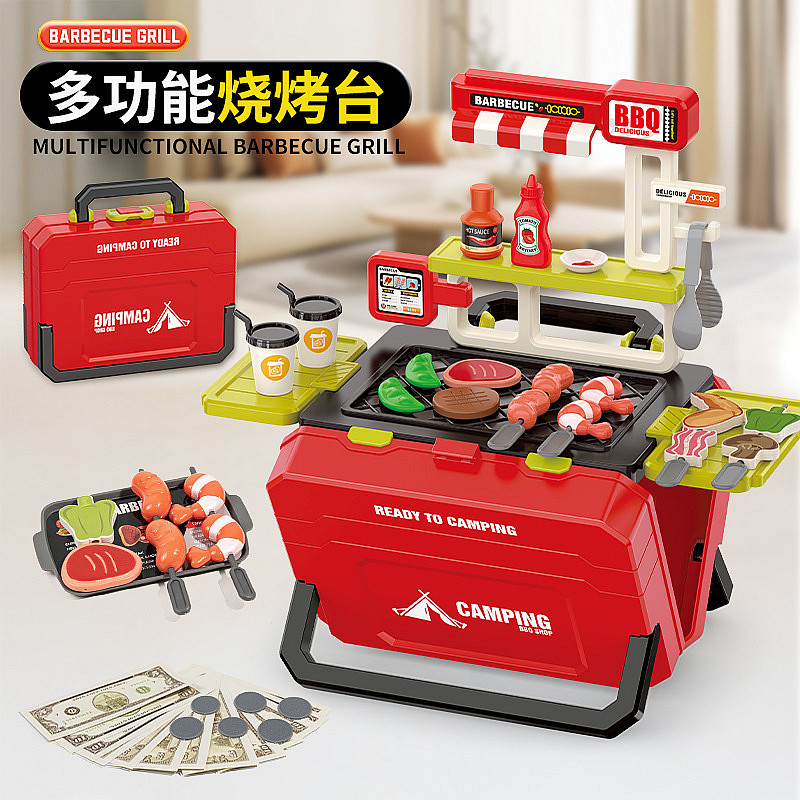 外贸儿童过家家BBQ烧烤架2合1厨房玩具男女孩仿真汉堡快餐车套装
