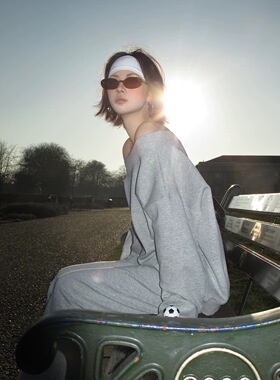 慵懒感休闲斜肩卫衣运动套装女2025春秋灰色一字肩上衣长裤两件套