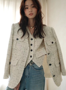 上货店设计师款别致绝美复古时髦白粗花呢小香风羊毛马甲+外套