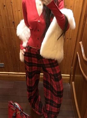 DQ+圣诞新年氛围穿搭色织复古红格子裤低腰宽松阔腿长裤新年套装