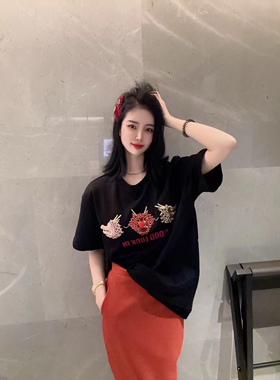 2024龙年新款短袖T恤女冬重工刺绣中长款宽松本命年红色半袖上衣