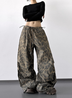 美式复古豹纹工装裤女2025春季新款宽松显瘦直筒休闲阔腿拖地长裤