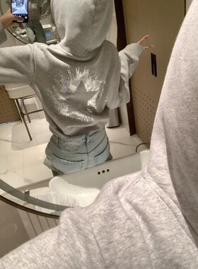 DQ+美式复古白灰色连帽卫衣女宽松2026新款春秋款小众设计感上衣