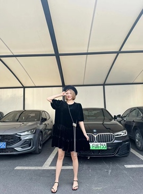 上货店小众设计款高级感黑色日本丝绒娃娃袖连衣裙春夏少女小黑裙