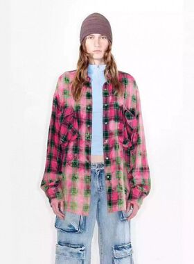 OPEN YY24春季新款复古褪色休闲格子长袖衬衫设计感半裙套装openy