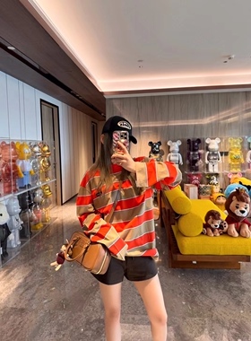 DQ+小众买手店条纹撞色宽松长袖休闲T恤女秋季新品彩色横条上衣