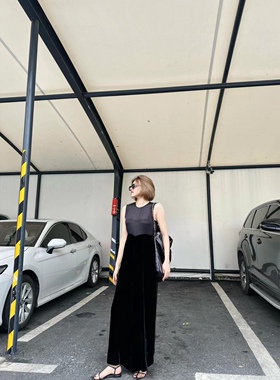 上货店欧货新款春夏黑色显瘦真丝丝绒拼接无袖背心连体阔腿长裤女