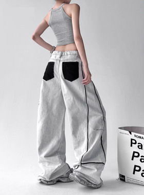 美式复古拼接撞色阔腿裤百搭宽松休闲伞兵裤高街嘻哈爵士舞弯刀裤