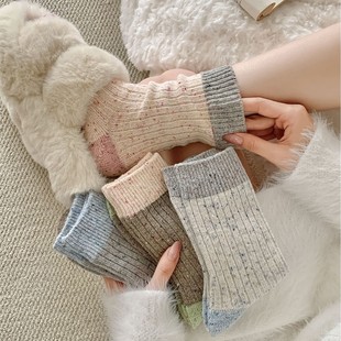 秋冬粗线袜子女韩国东大门拼色点子纱羊绒加厚保暖羊毛中筒堆堆