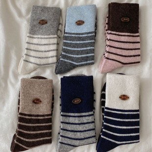 ins简约条纹egg纽扣羊毛袜子女秋冬加厚保暖堆堆袜百搭无骨中筒
