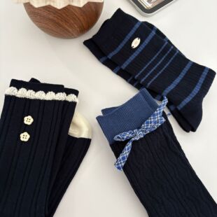 ins韩系藏青学院风格 子蝴蝶结女中筒袜小花纽扣泡泡口花边饰品袜