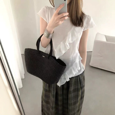 拼接夏季韩系荷叶边显瘦衬衫女
