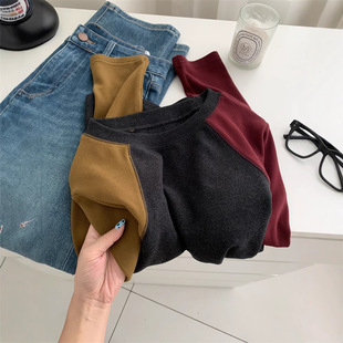 T恤女软糯拉姆绒加厚磨毛内搭秋冬保暖打底衫 ANNIE美式 拼色插肩袖