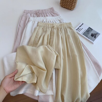 ANN 纯色亚麻阔腿裤女夏季薄款宽松显瘦休闲垂感老钱风拖地直筒裤