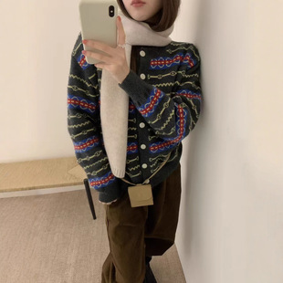 百搭显瘦洋气几何花纹毛衣开衫 2025秋冬新款 女 复古 韩系时尚