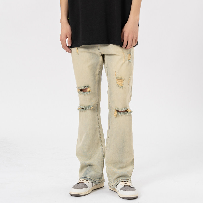 新因素美式破洞黄泥染微喇牛仔裤男夏季高街水洗做旧潮牌宽松长裤