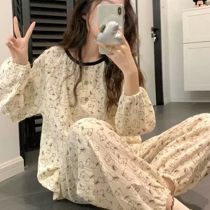 睡衣女纯棉纱布长袖春秋季网红ins高级感甜美可爱兔子开衫家居服