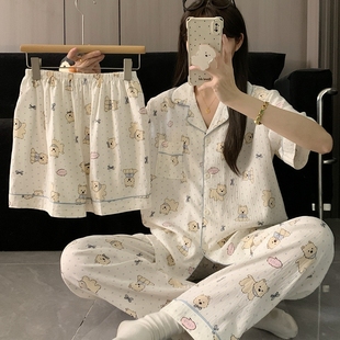 ins风奶萌小狗大码 睡衣女春夏季 短袖 云朵纯棉纱奶蓝波点三件套装