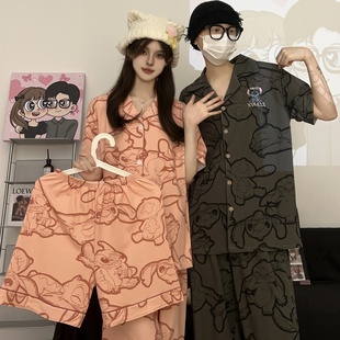 宽松家居服套装 情侣睡衣大码 短裤 女卡通史迪仔夏季 可外穿 纯棉短袖