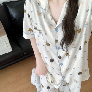 家居服 日系圆点小熊睡衣女春夏季 新款 云朵纯棉纱卡通可爱短袖 长裤