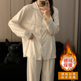 日系圆点大码 外穿 睡衣女冬季 双面磨毛德绒加热可爱家居服两件套装