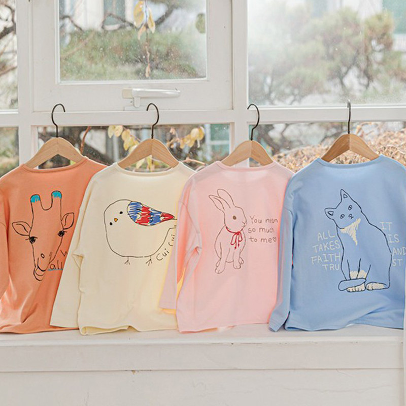 清仓 韩国童装春款男童女童T恤长袖套头衫儿童可爱手绘纯棉打底衫