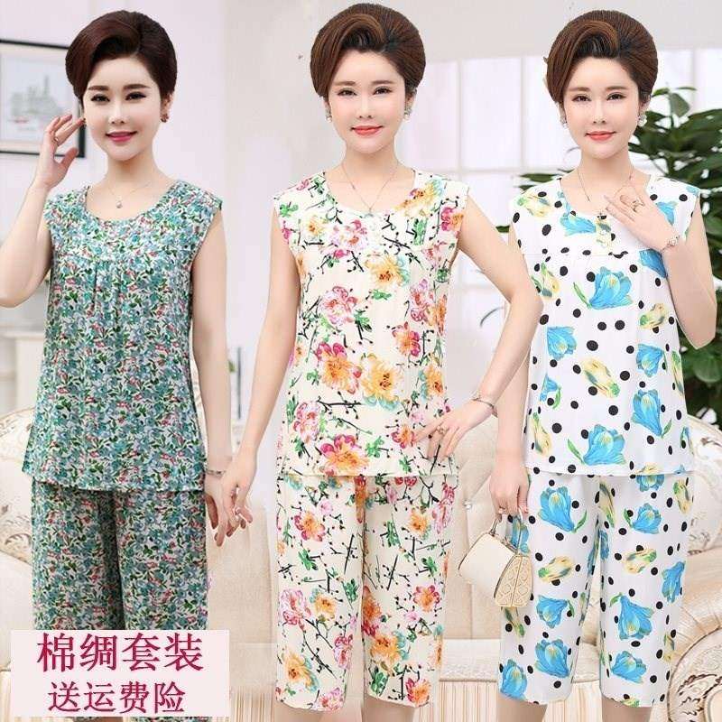 夏季中老年女装棉稠两件套妈妈婆婆夏装无袖7/8分裤老人睡衣胖人|ruв категории Женская одежда, в пожилых женщин - от Buy2taobao.com для оказания профессиональной услуги покупки агента Taobao