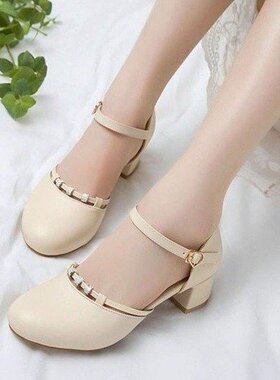 2026夏季新款女鞋橡胶一字式扣带浅口单鞋PU粗跟中跟(3-