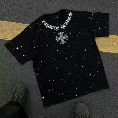 美式高街重工闪片满天星克罗十字架印花宽松短袖T恤设计潮牌上衣