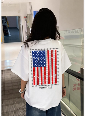 美式街美国旗帜印花短袖T恤男情路夏季宽松高级设计感小众上衣ins