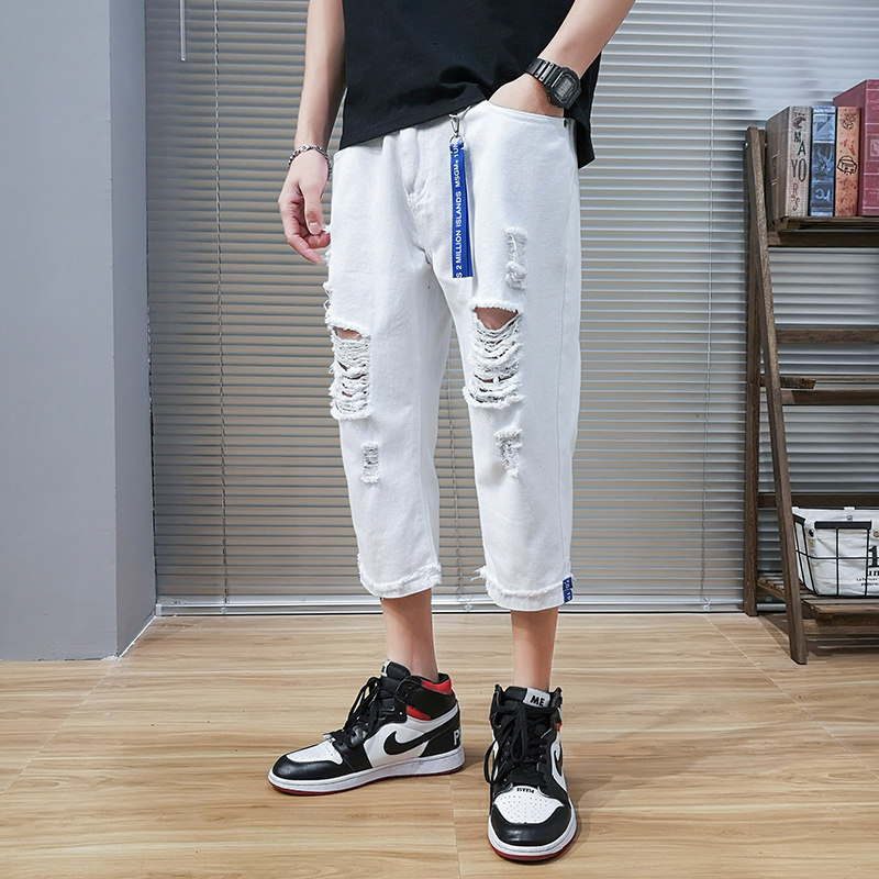 夏季七分牛仔裤男潮牌青少年八分破洞男裤初中生高中学生帅气中裤