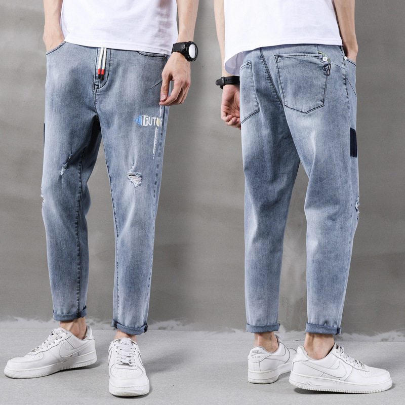 牛仔裤男夏天薄款初中高中学生九八分男裤帅气破洞青少年夏季裤子