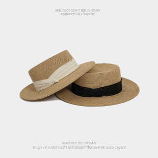 法式 UV防紫外线平沿平顶草编小礼帽优雅交叉结夏天遮阳防晒帽子女