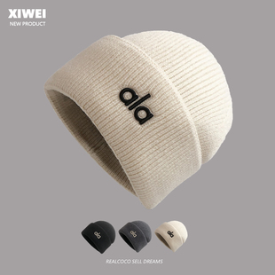 韩版al字母刺绣针织帽子秋冬百搭保暖登山毛线帽男女情侣包头冷帽