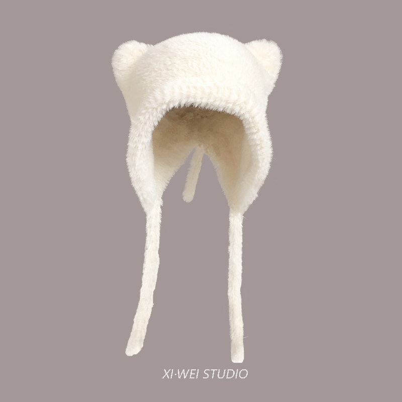 猫耳朵可爱针织护耳帽女冬大头围帽子带防风绳保暖百搭毛线套头帽